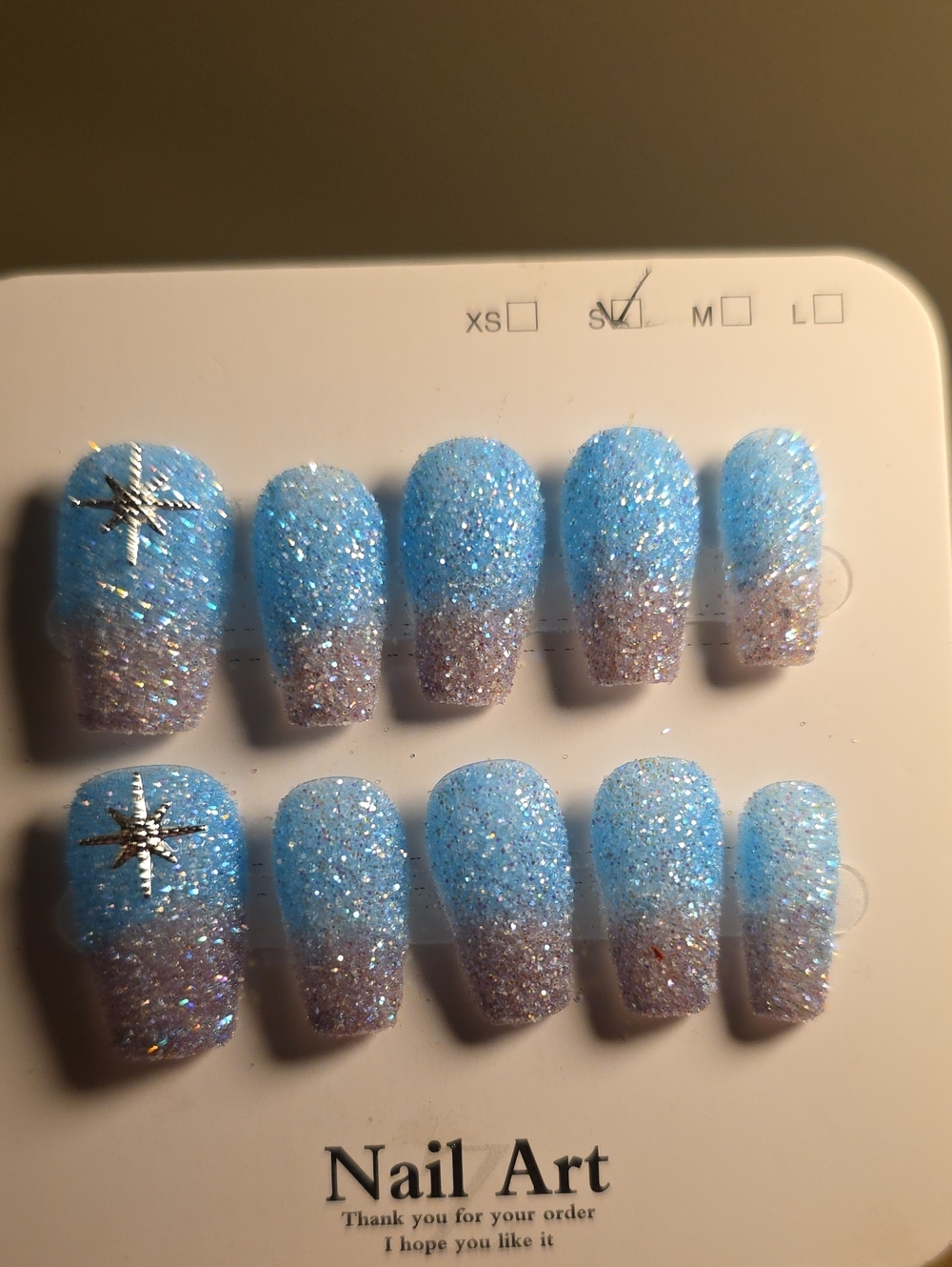 Blue Glitter Ombre Press-On Nails with Star Accent - Size Small
